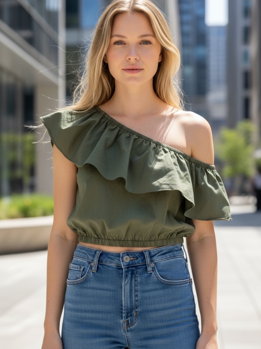 A New Day Olive Green Ruffle‎ Crop Top